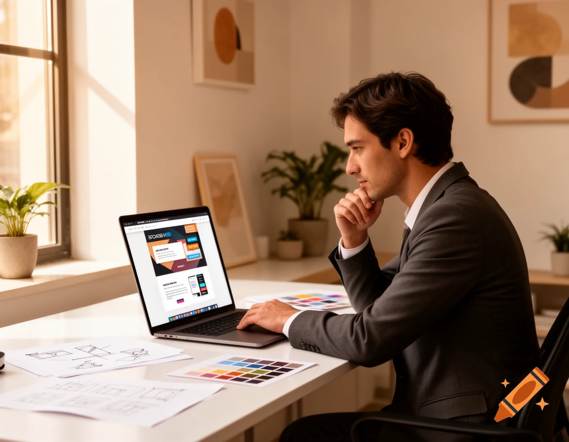 A man in a suit works on a laptop at a desk with design papers and a color palette, looking thoughtful.