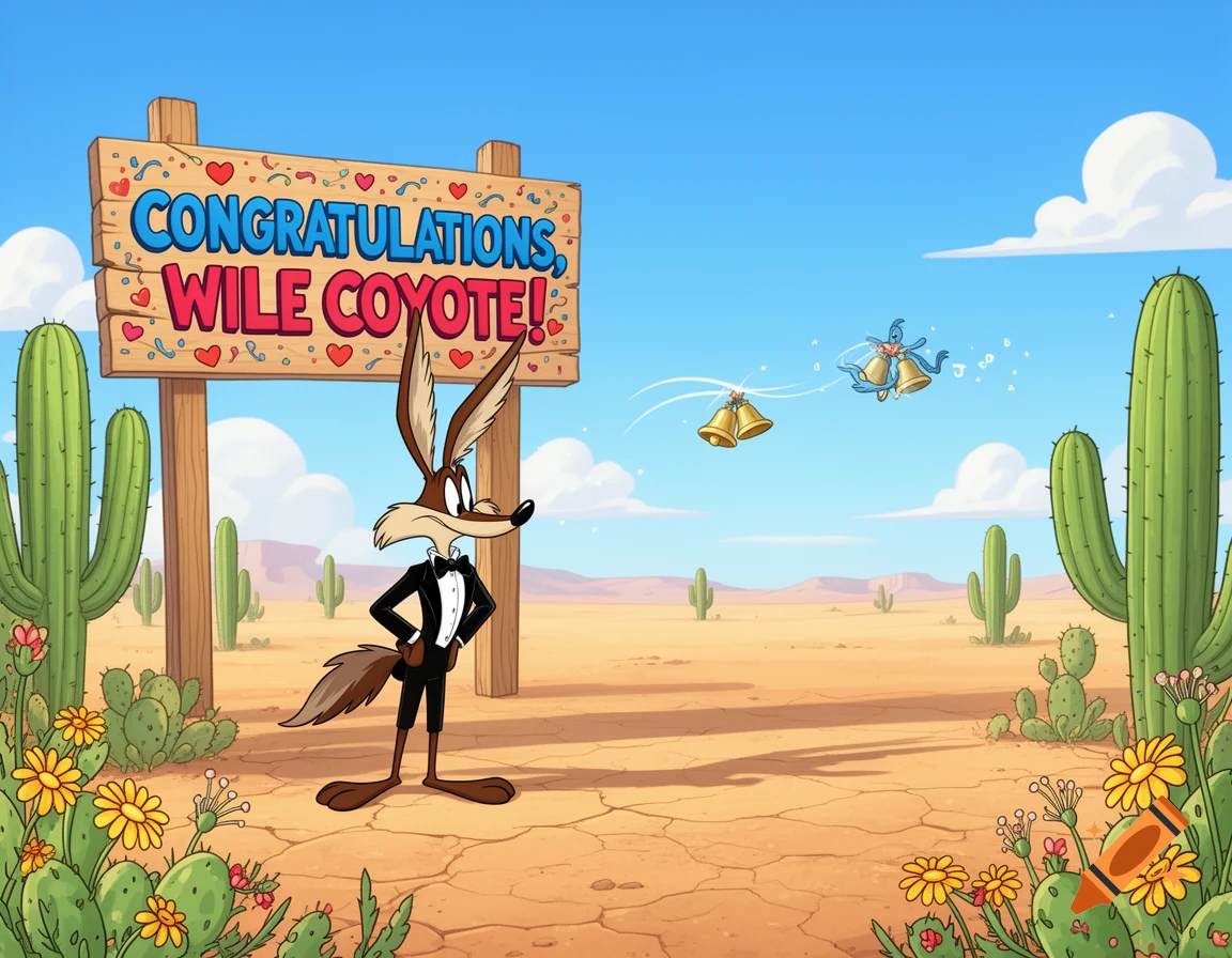 Cartoon Wile Coyote in a tuxedo stands in a desert with a 'CONGRATULATIONS, WILE COYOTE!' sign and bells flying.