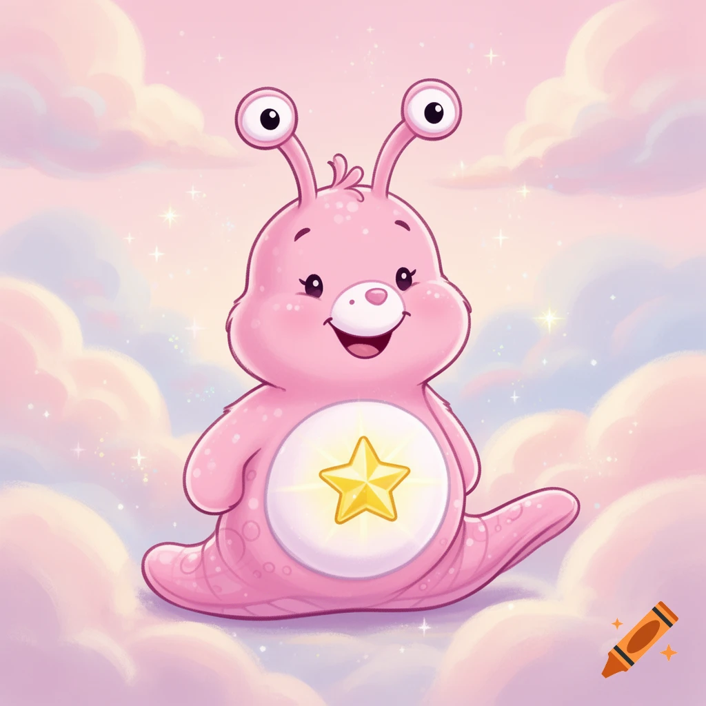 A cute, smiling pink slug-like creature with eye stalks and a star belly badge floats among pastel clouds in a whimsical cartoon style.