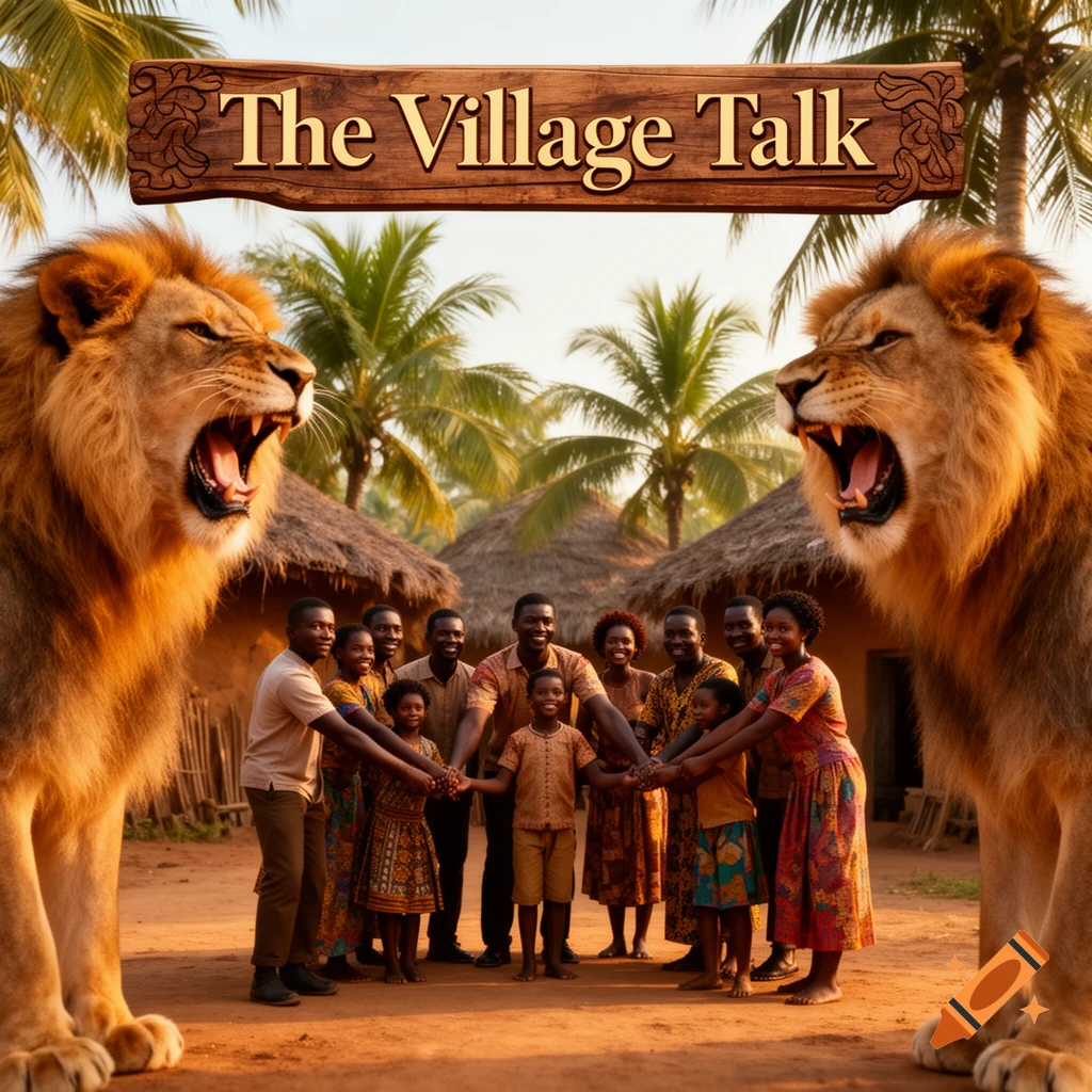 Two roaring lions flank a group of smiling adults and children holding hands in an African village, with a 'The Village Talk' sign.