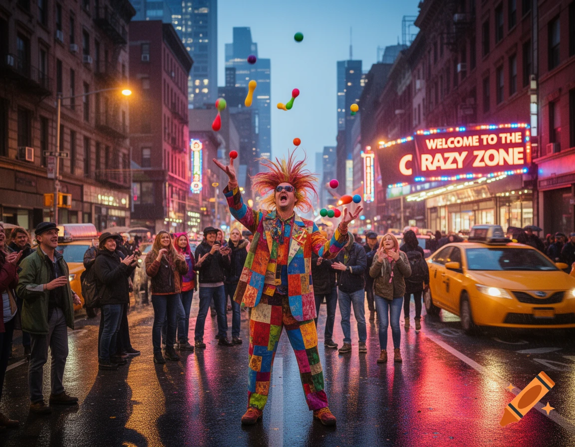 A person in a colorful patchwork suit with spiky red hair juggles on a wet city street at dusk, with a "WELCOME TO THE CRAZY ZONE" neon sign.