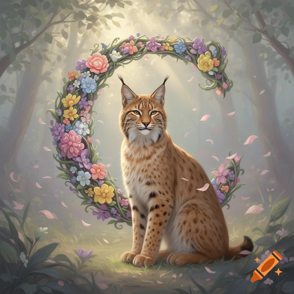 A majestic lynx sits in a soft, sunlit forest, framed by a large, ornate 'C' made of colorful flowers.