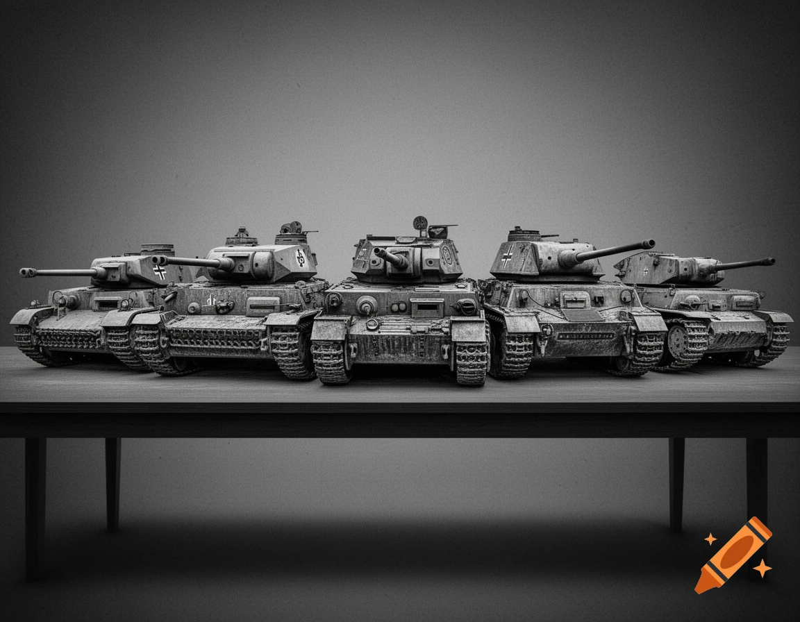 Five highly detailed, black and white models of old German Panzer tanks lined up on a dark table.