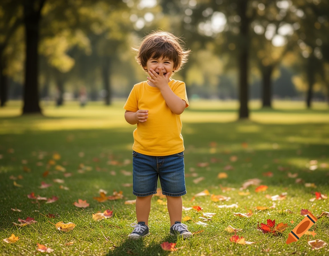 A happy young boy in a yellow shirt and denim shorts stands in a sunlit park with autumn leaves, smiling and covering his mouth.
