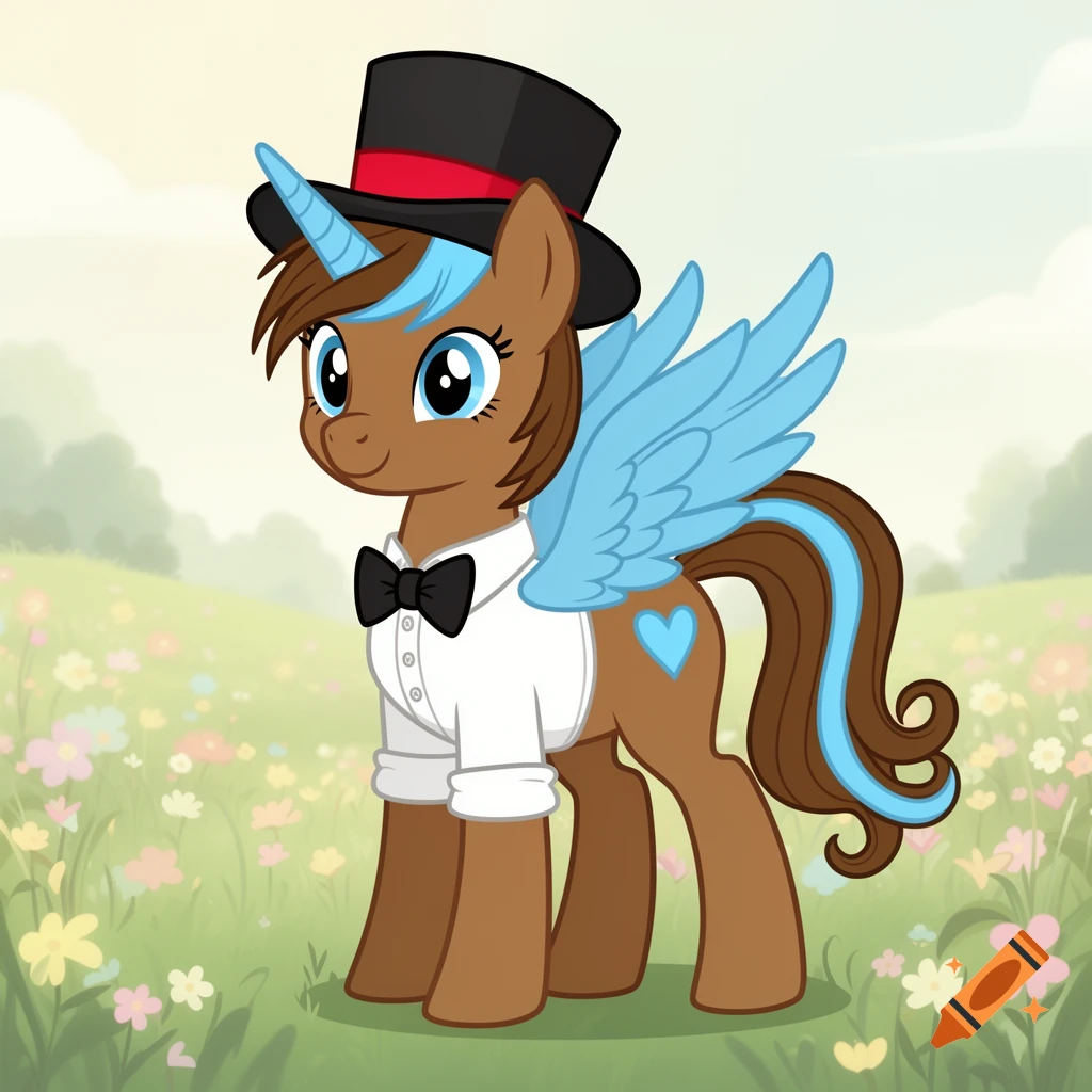 A brown unicorn pegasus pony with light blue hair streaks, wings, and horn, wearing a white shirt, black bow tie, and a black top hat with a red ribbon, standing in a field of flowers.