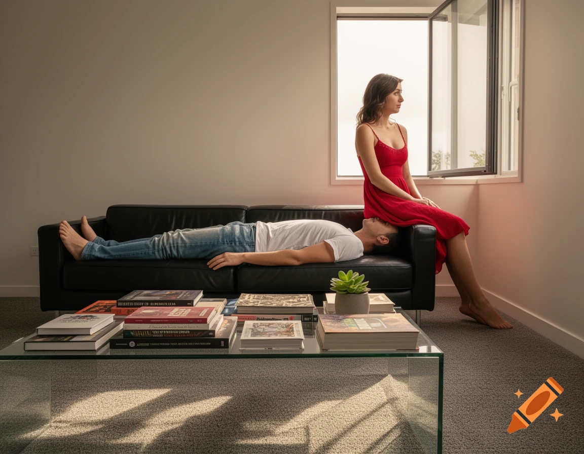 A man lies on a black couch. A woman in a red dress sits on the armrest near his head, looking out a window. A coffee table with books is in front.