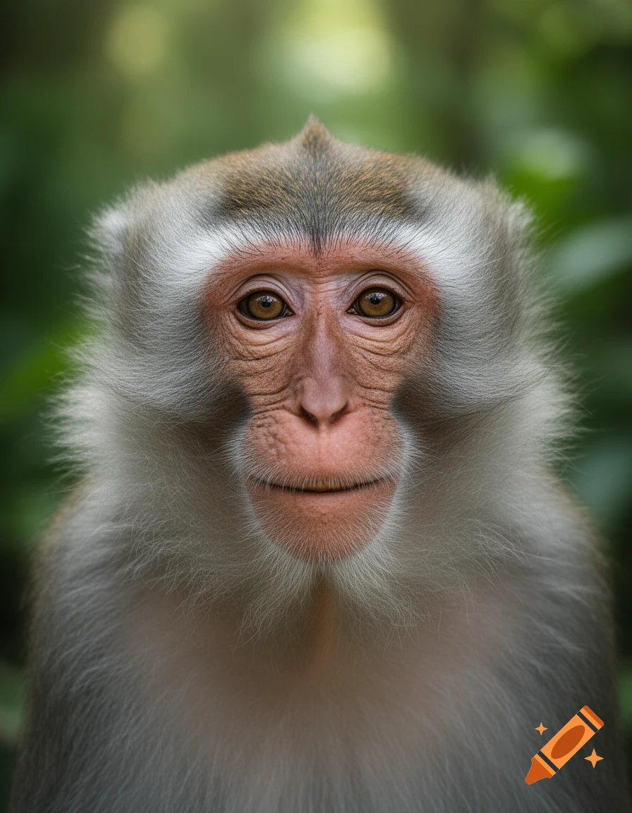 Close-up photorealistic portrait of an old monkey with wise eyes, a slight smile, and fluffy grey and white fur.