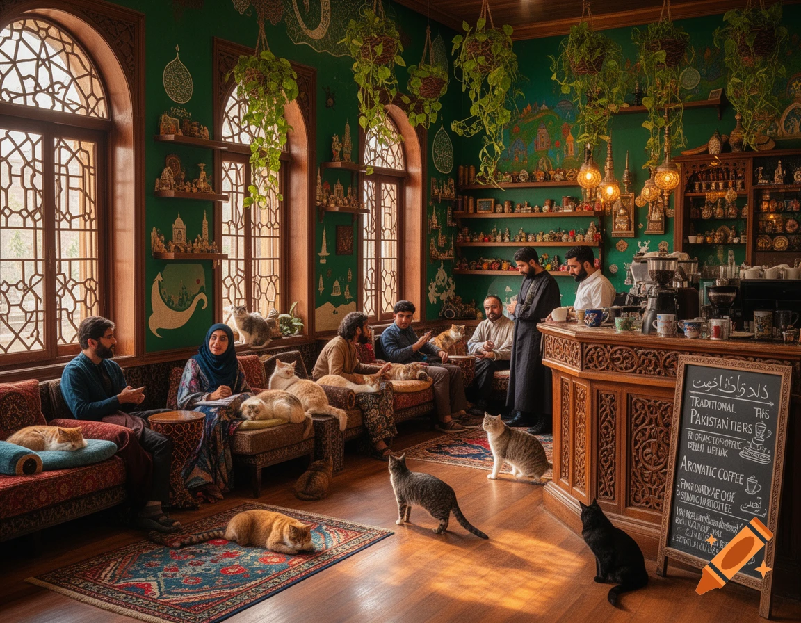 A vibrant Pakistani cat cafe with people relaxing on ornate sofas, surrounded by many cats lounging on rugs and furniture.