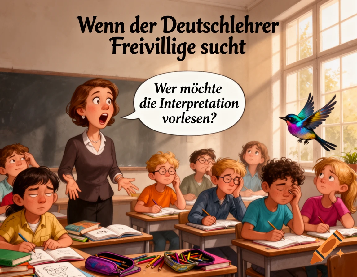 In a cartoon classroom, a German teacher asks for volunteers; students avoid eye contact, and a colorful bird flies by.