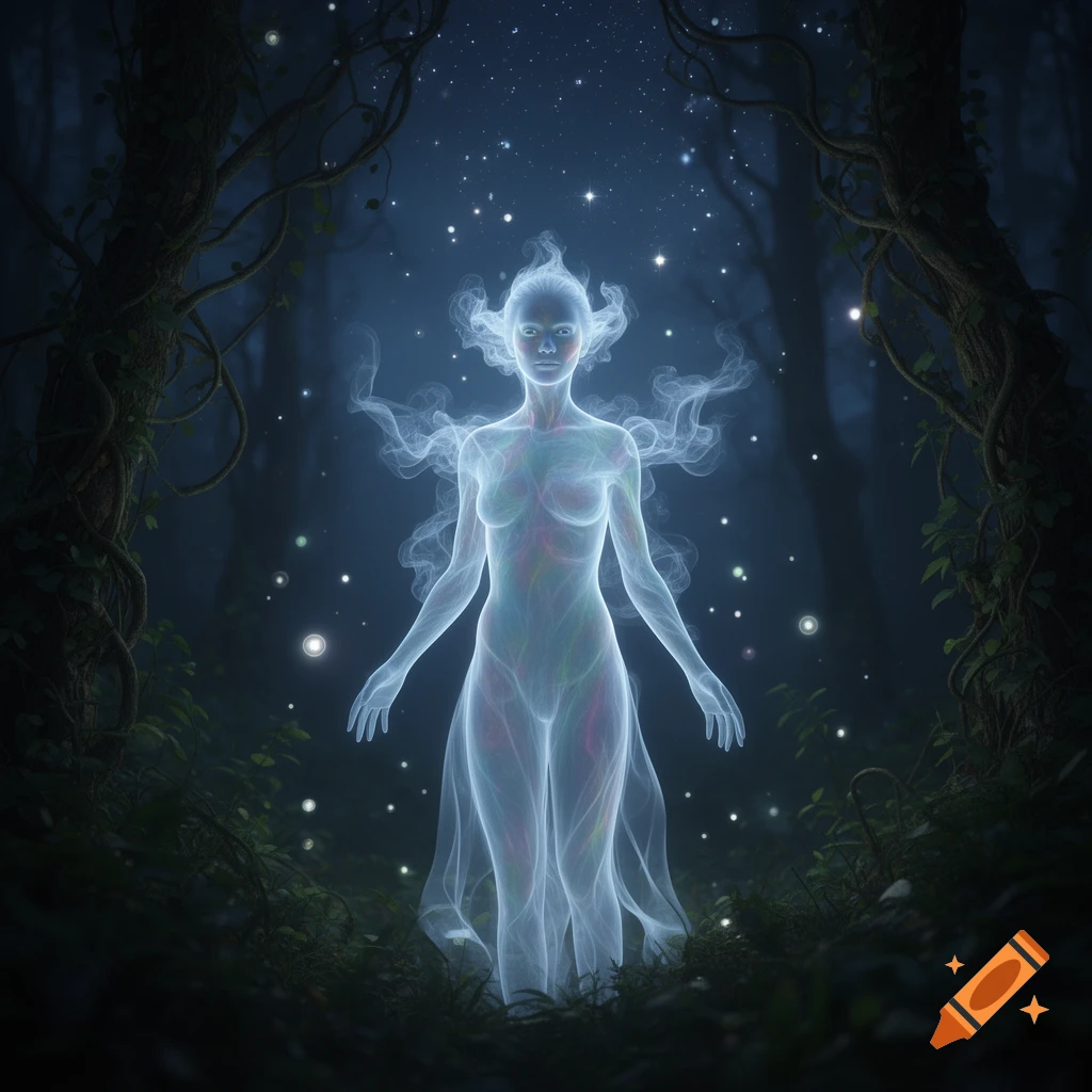 An ethereal, glowing female spirit stands in a dark, star-dusted forest, digital art.