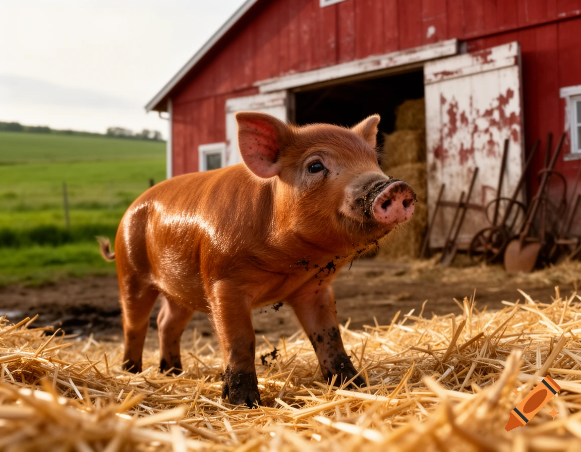 A small, reddish-brown piglet stands on golden hay in front of a red barn, with a green field in the background.