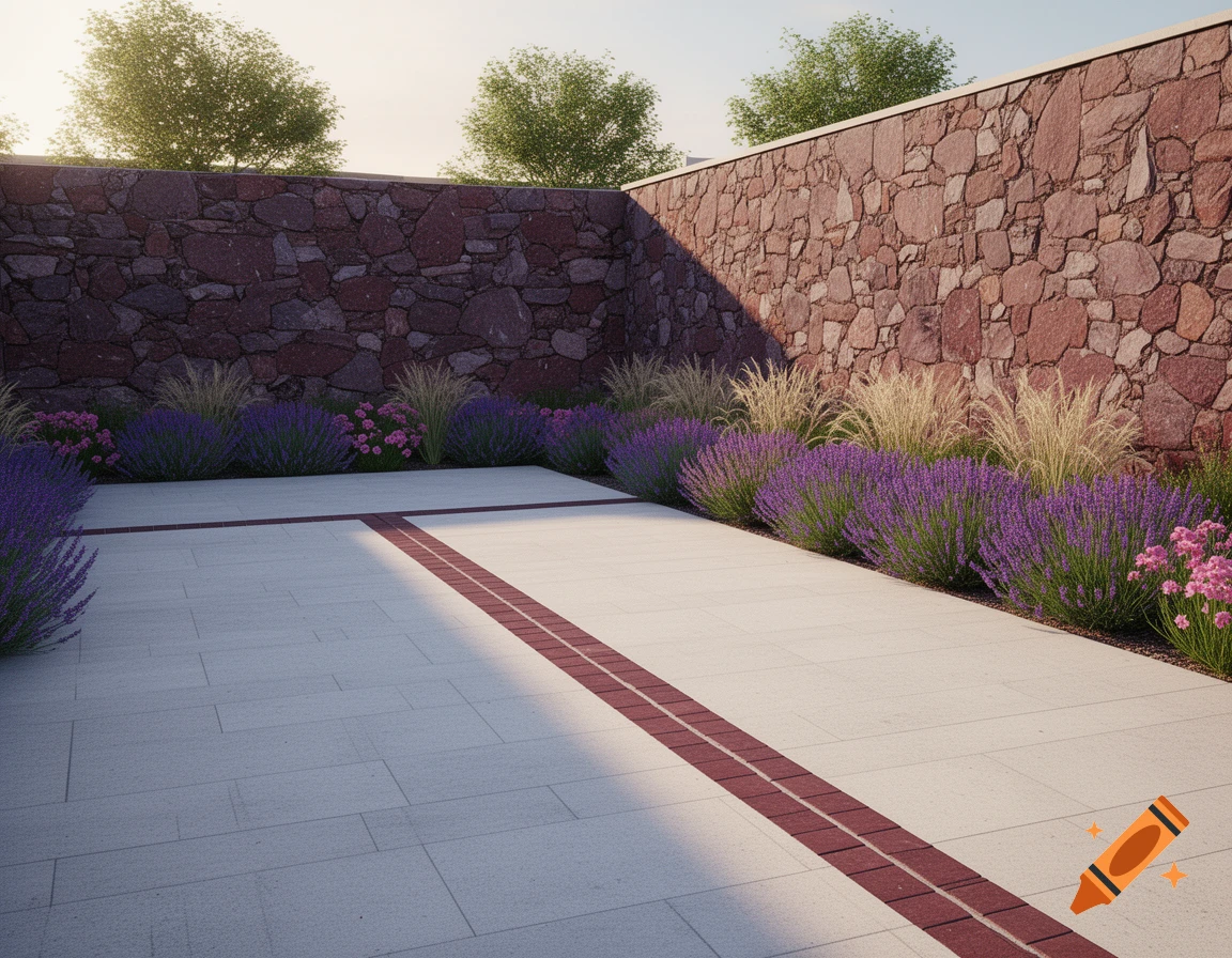 Photorealistic 3D design of an L-shaped residential courtyard with light-grey pavers, a red paver strip, a rustic stone wall, purple lavender, and pink flowers under afternoon sun.