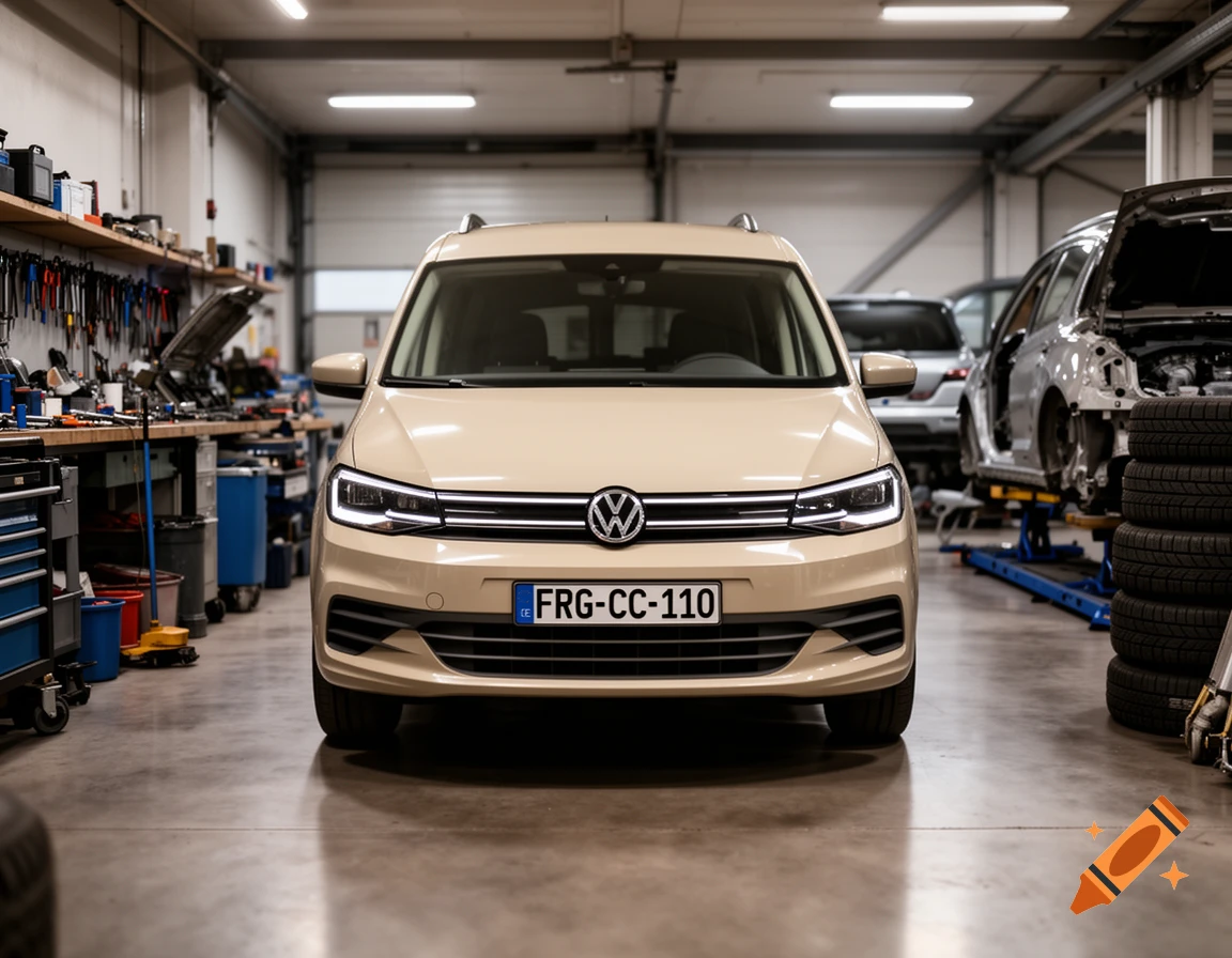 Front view of a beige Volkswagen Caddy 2025 with license plate FRG-CC-110 in a car workshop.