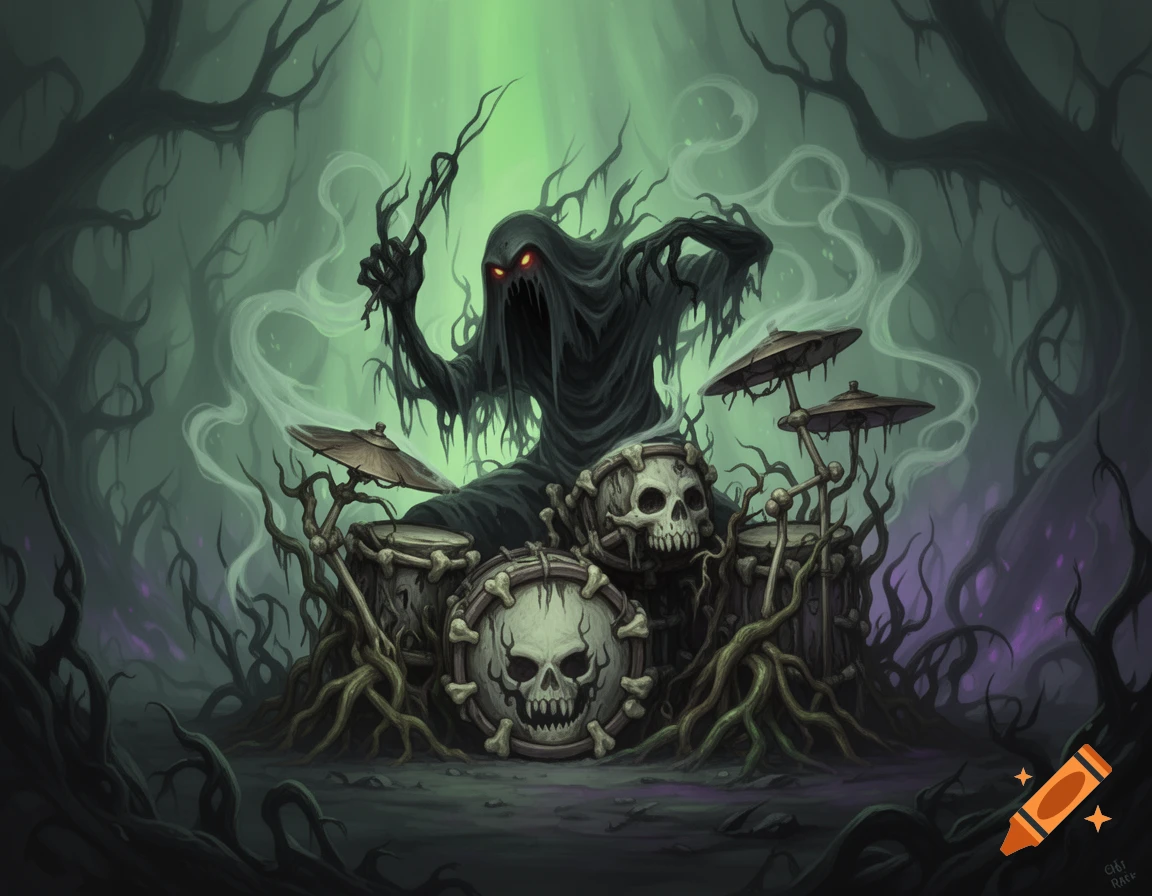 A creepy, shadowy monster with glowing red eyes plays a drum kit adorned with skulls in a misty, dark, swampy forest.