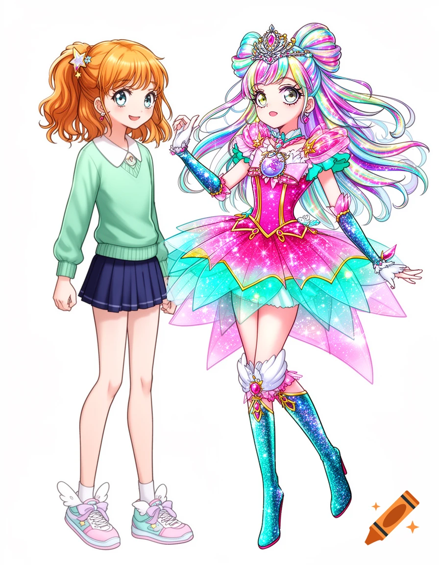 Two anime girls, one in a school uniform, the other in a vibrant, colorful magical girl costume, stand side by side.