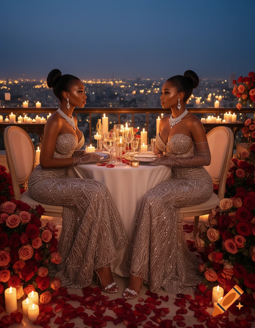 Two women in elegant sequined gowns with diamond jewelry and long gloves sit at a candlelit table on a penthouse balcony overlooking a city.