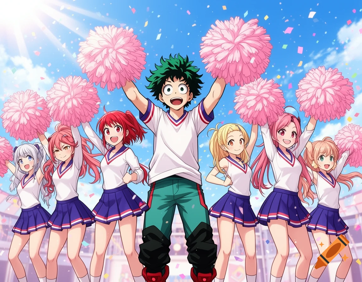 Anime character Deku and female cheerleaders in uniform cheer with pink pom-poms under a bright sky with confetti.