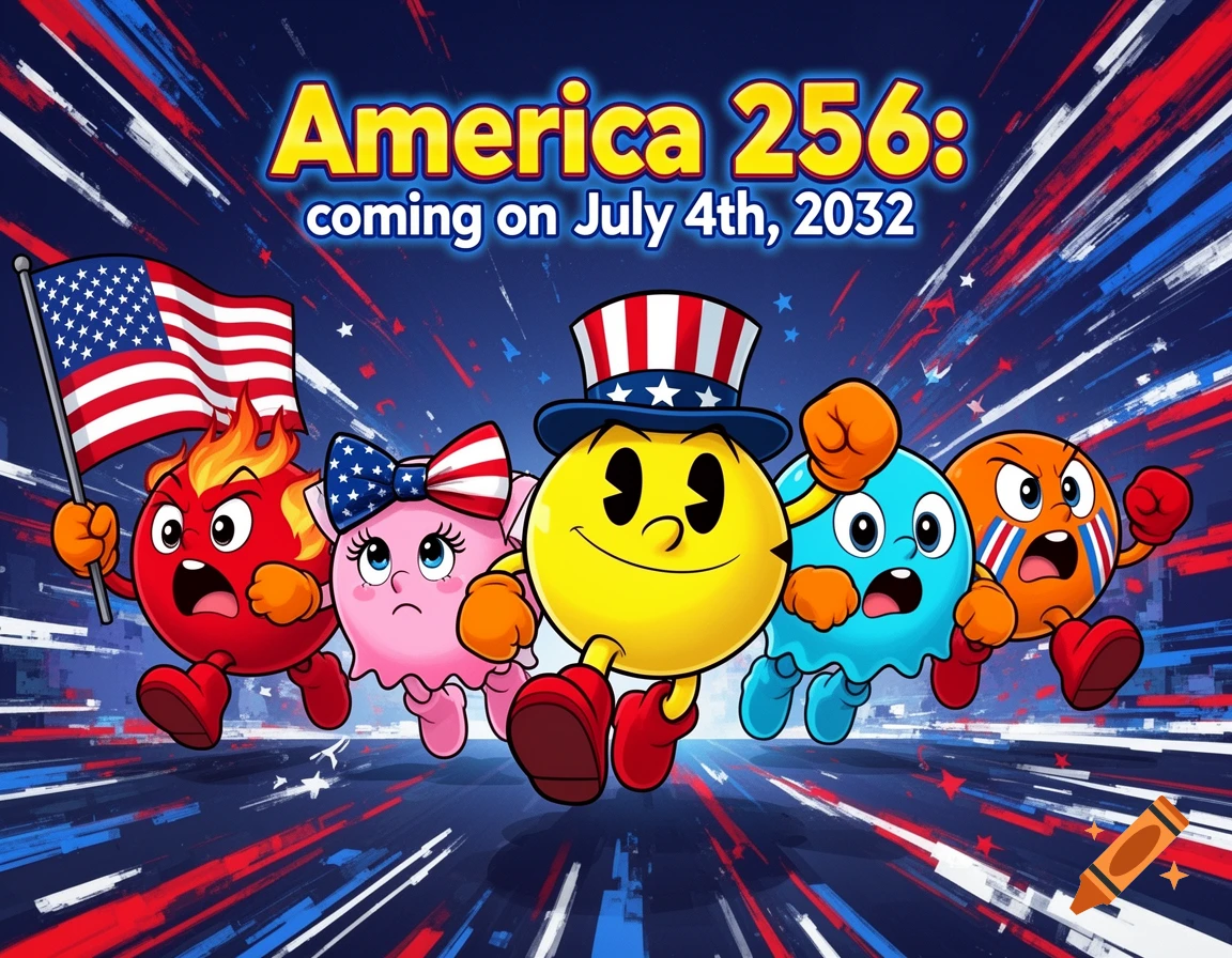 Pac-Man and four ghosts, one with an American flag, running against a patriotic red, white, and blue background. Text reads 'America 256: coming on July 4th, 2032'.