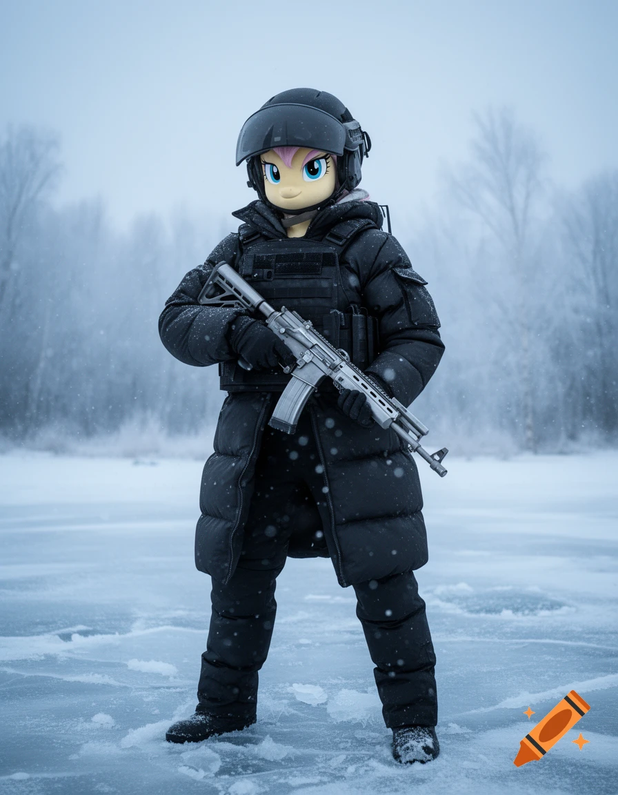 Fluttershy from My Little Pony wearing black tactical gear, a helmet, and holding a rifle in a snowy, desolate winter landscape.