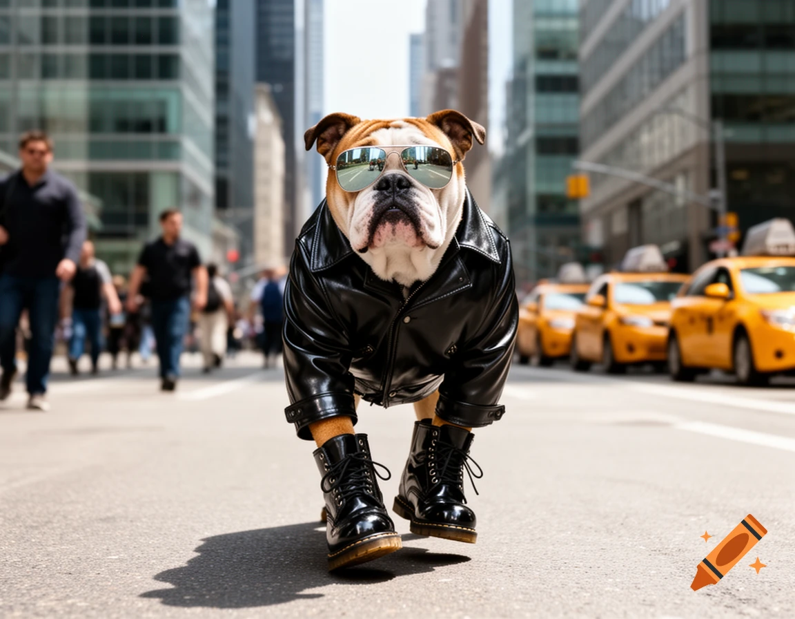 A photorealistic bulldog wearing sunglasses, a leather jacket, and black boots walks down a city street with taxis.