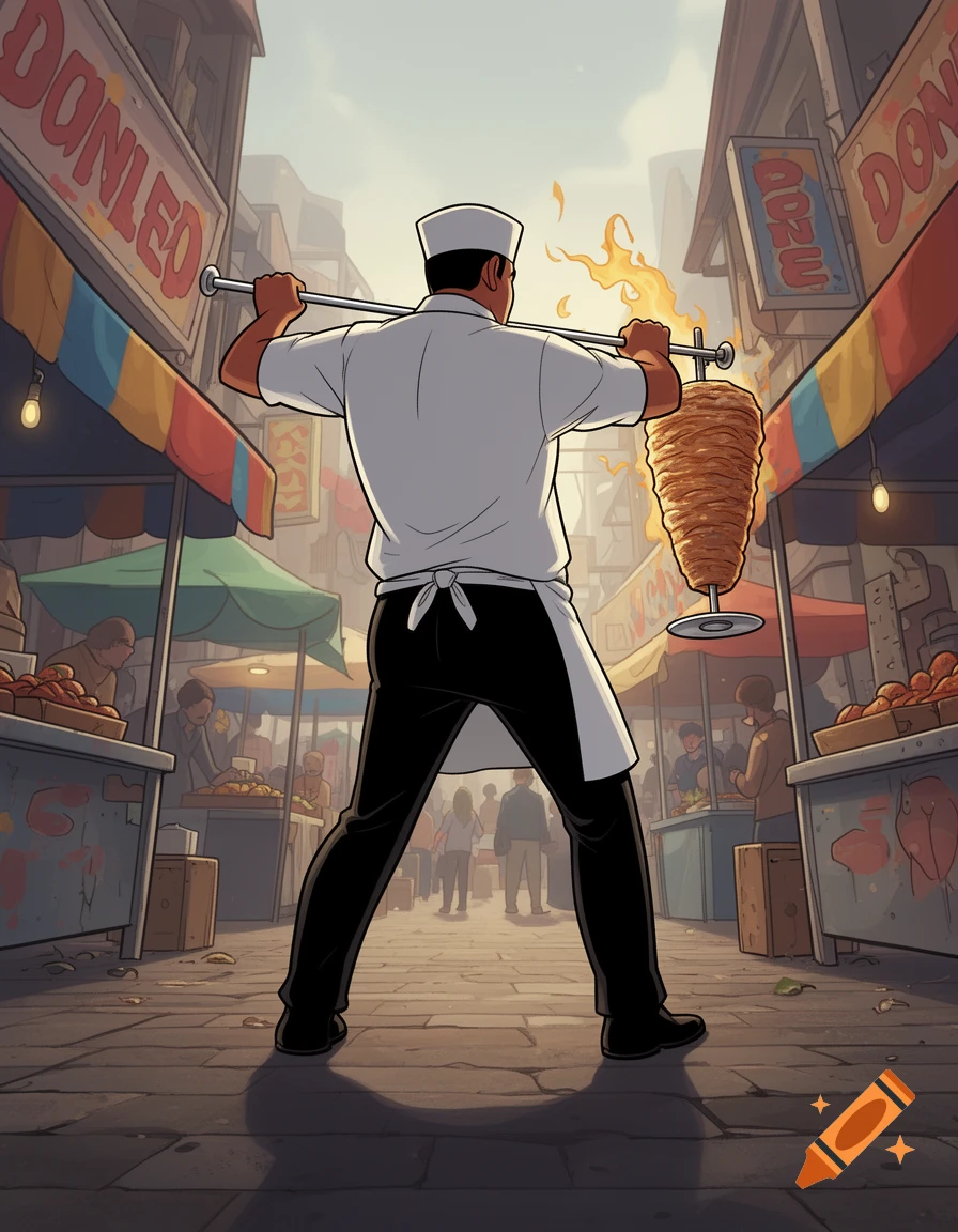 Cartoon-style image from a low-angle back perspective of a chef holding a large döner kebab skewer like a weapon in a bustling street market.