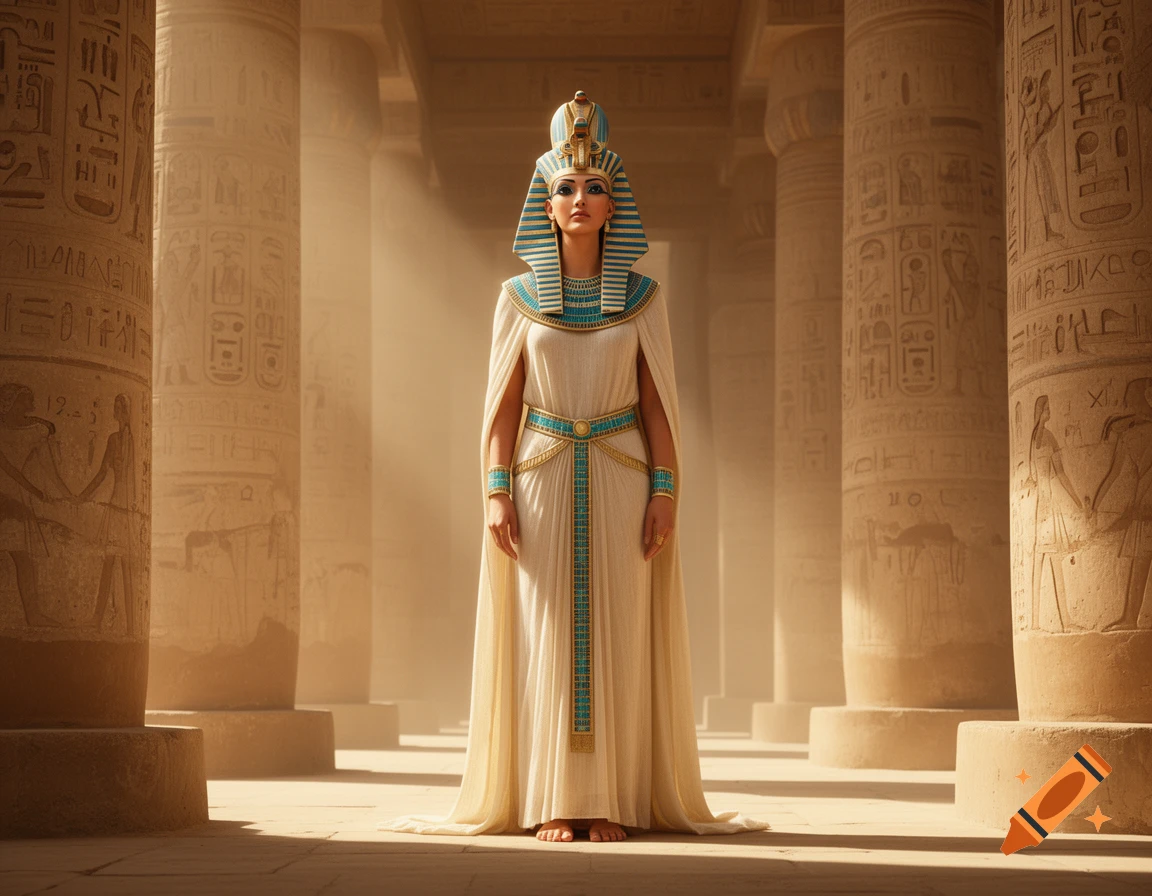 A woman dressed as an ancient Egyptian pharaoh stands regally in a grand, sunlit temple hall with hieroglyph-carved columns.