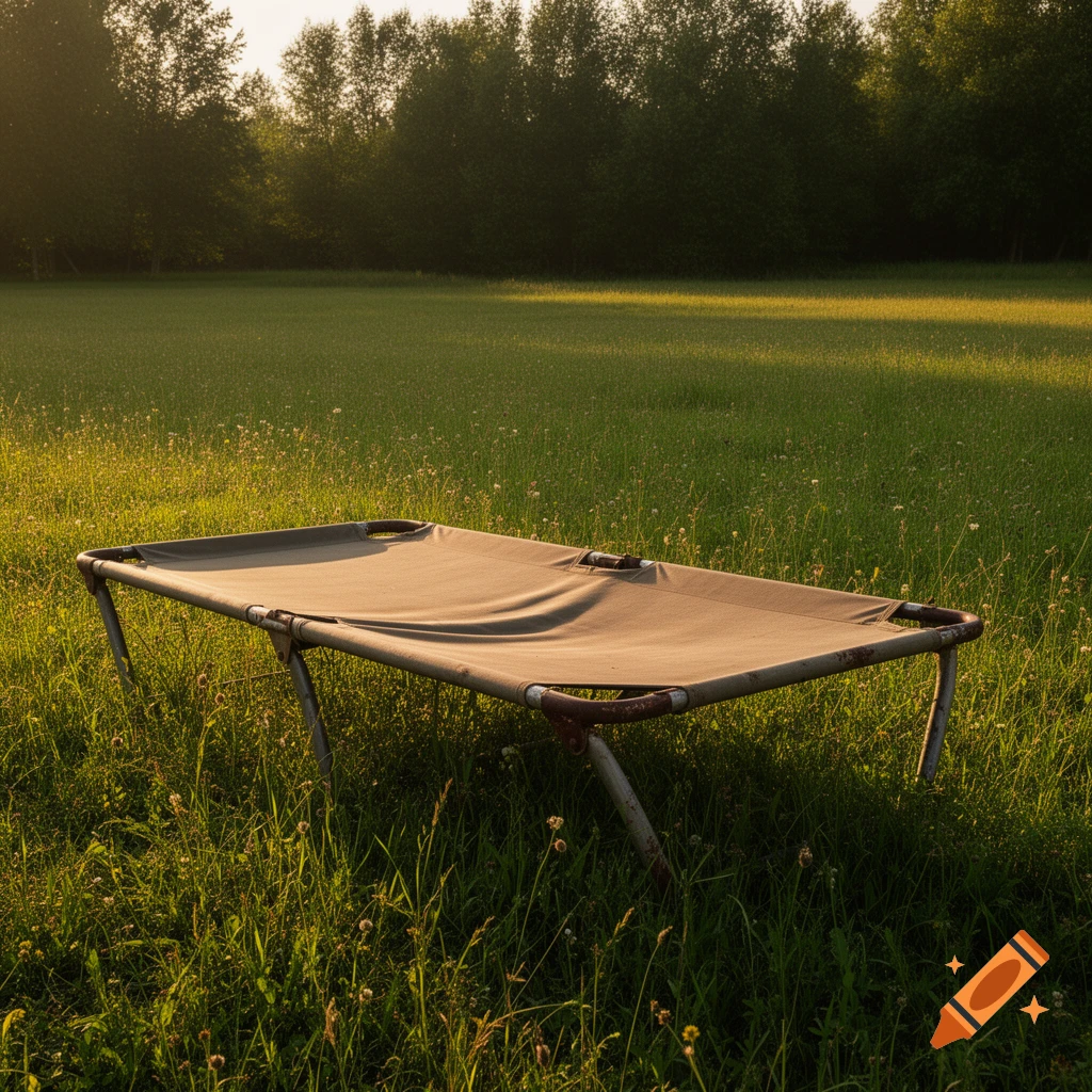 A beige camp bed stands in a vibrant green grassy field under warm sunlight, with a line of dark trees in the background.