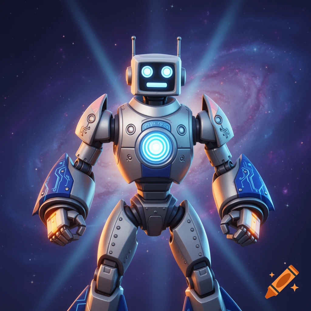 A stylized silver robot with a square head, glowing blue eyes, a rectangular mouth, and blue accents stands against a cosmic galaxy background.