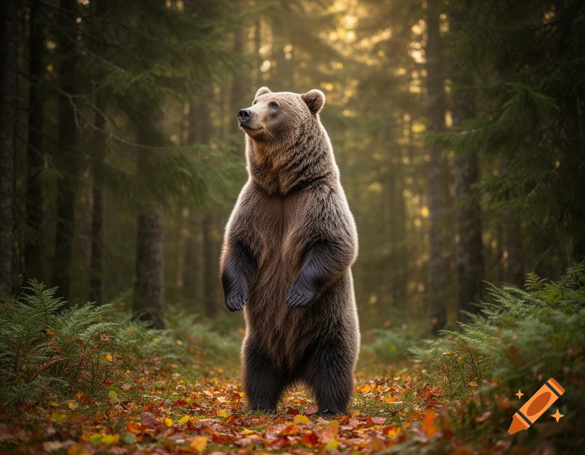 A majestic brown bear stands on its hind legs in a sunlit forest filled with autumn leaves.