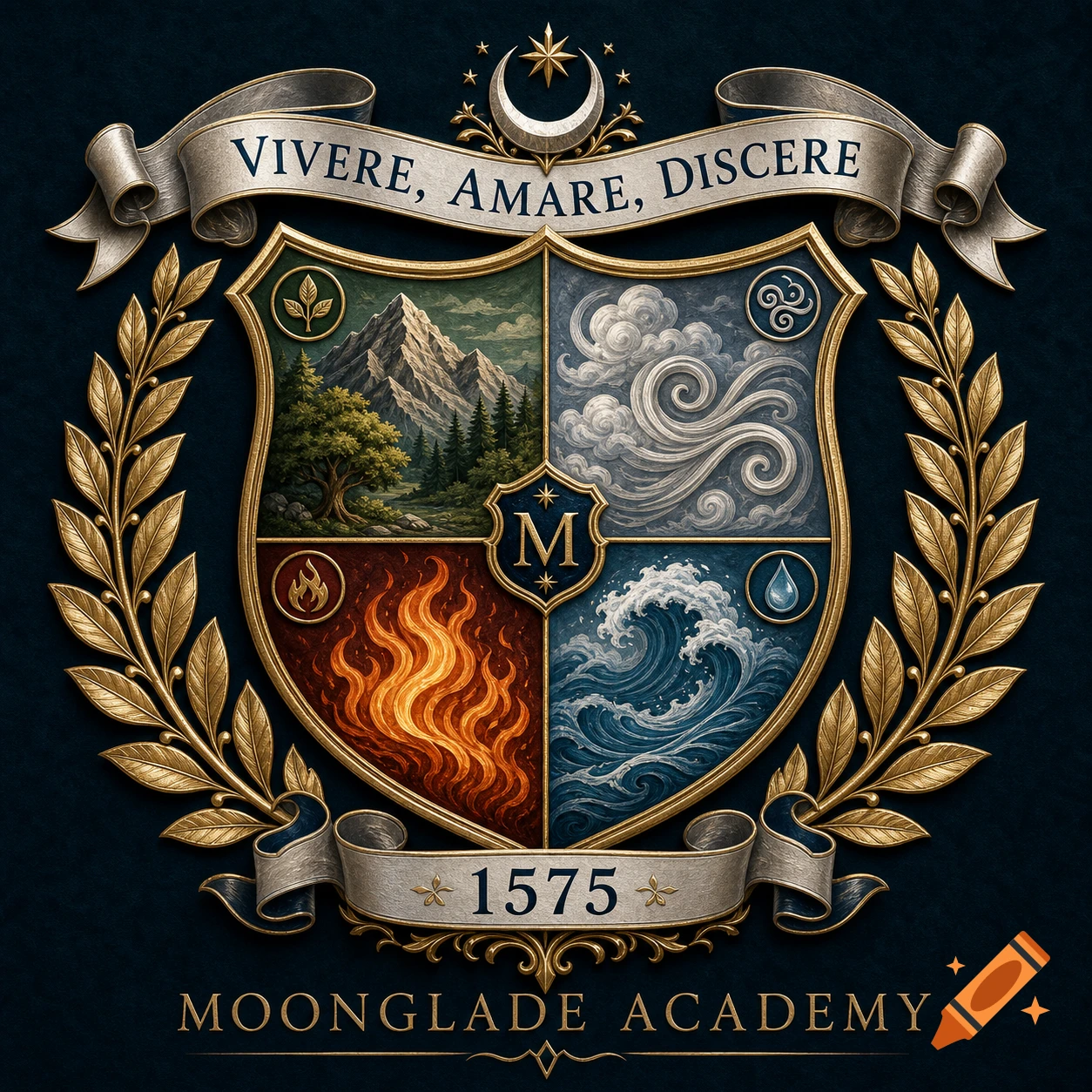 Detailed school crest with a shield divided into four elements (mountain, clouds, fire, waves), surrounded by golden laurels. Text includes 'VIVERE, AMARE, DISCERE', '1575', and 'MOONGLADE ACADEMY'.