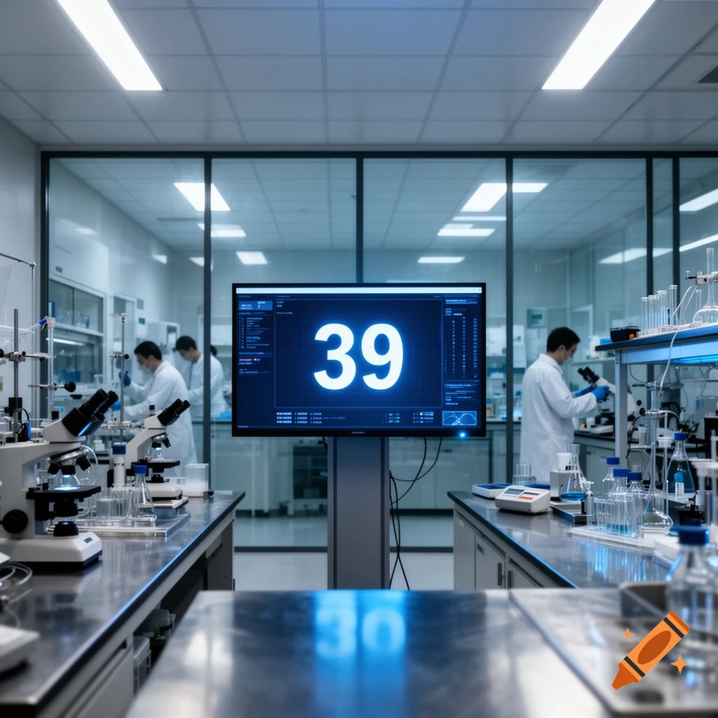Photorealistic image of a modern science laboratory with scientists working. A large monitor displays '39' prominently.