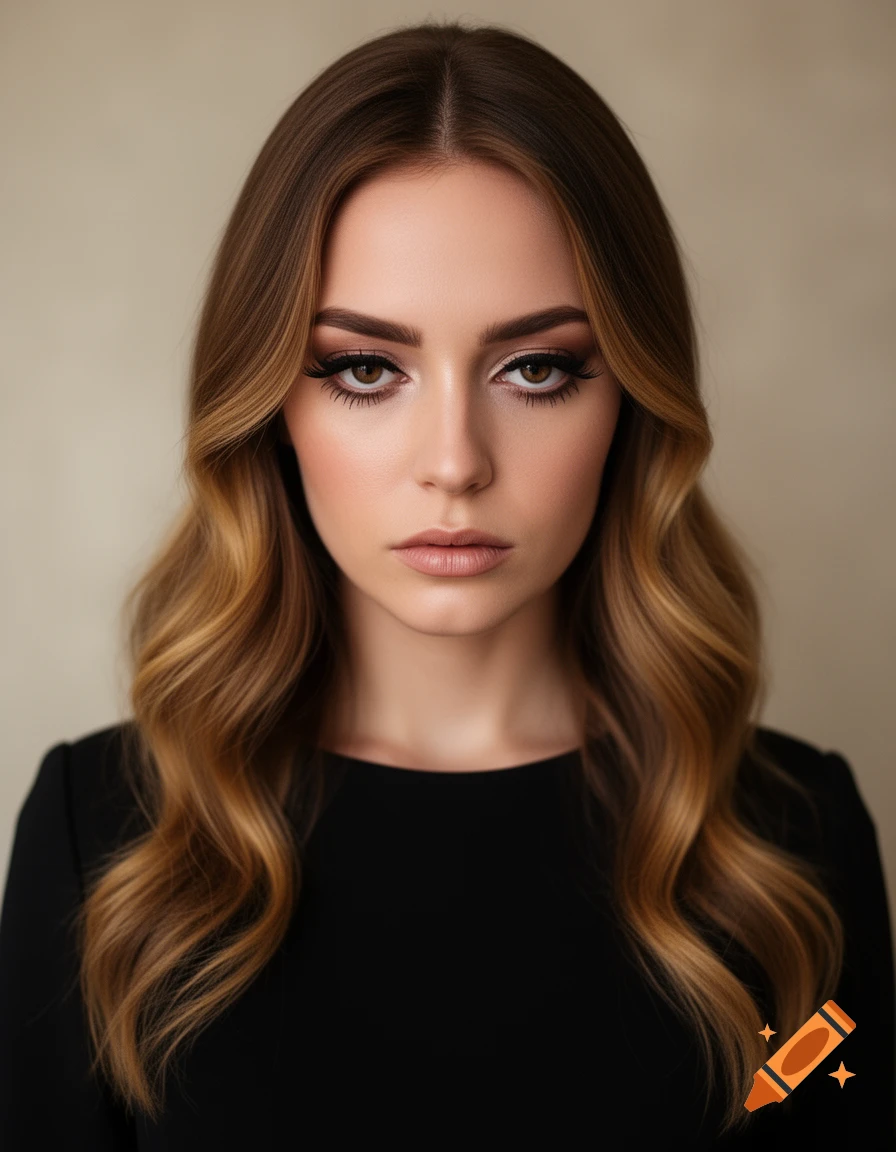 A photorealistic portrait of a woman with long wavy brown hair, striking makeup, and yin sanpaku eyes.