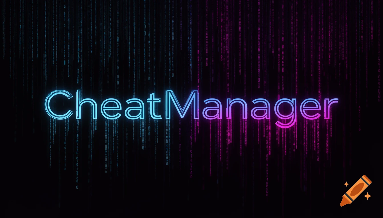 Neon blue and pink 'CheatManager' text with a digital matrix rain effect on a black background.