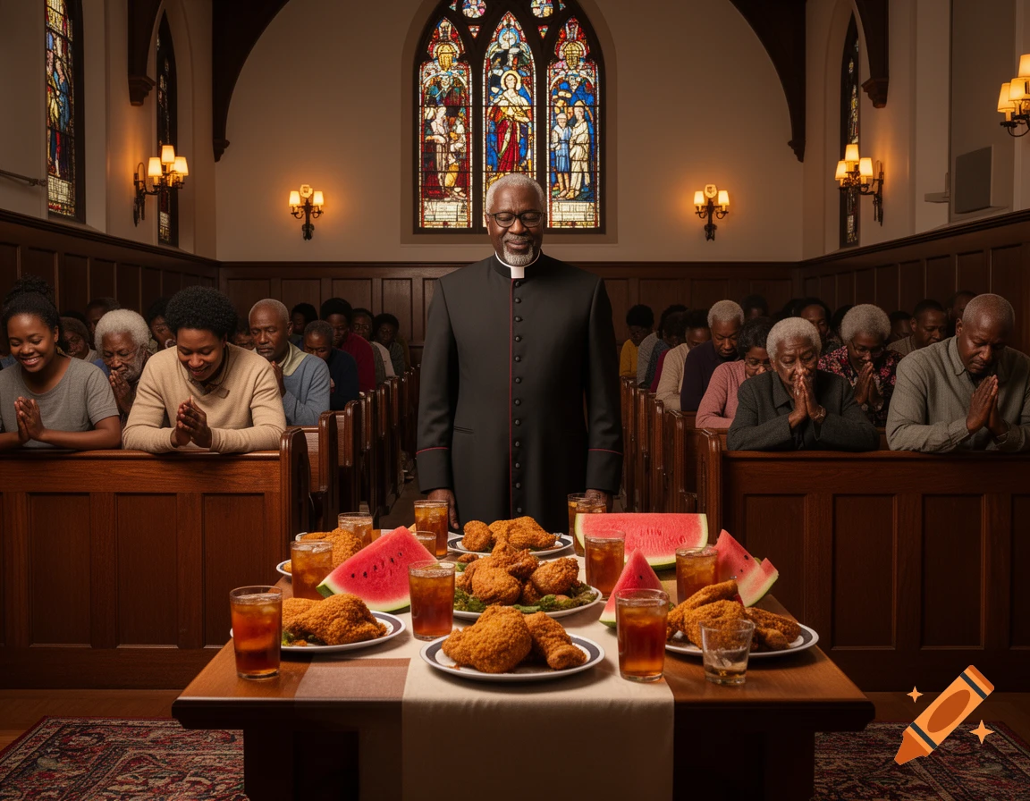 A black preacher stands before an altar laden with fried chicken, watermelon, and sweet tea, while his congregation prays in a church.