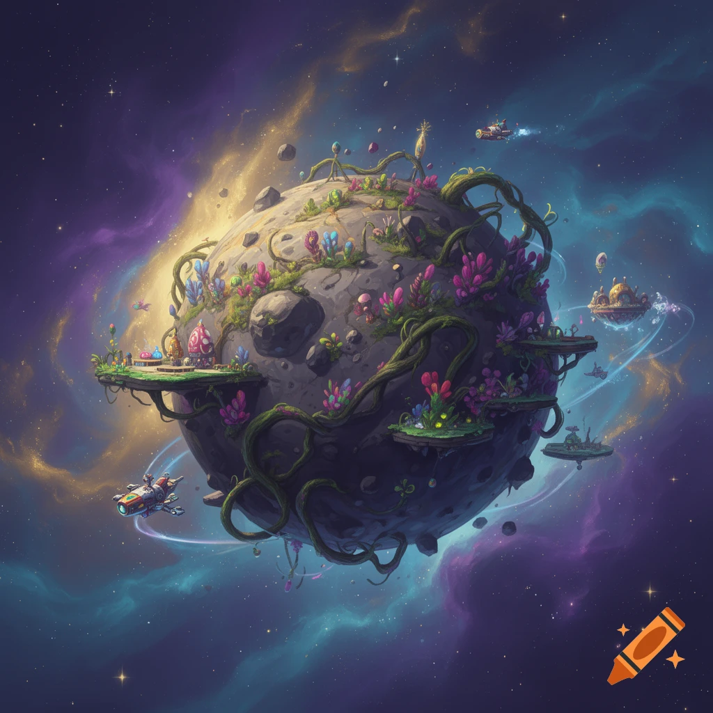 A whimsical alien planet in space, adorned with colorful glowing flora and winding vines, with floating platforms and small spaceships against a vibrant nebula.