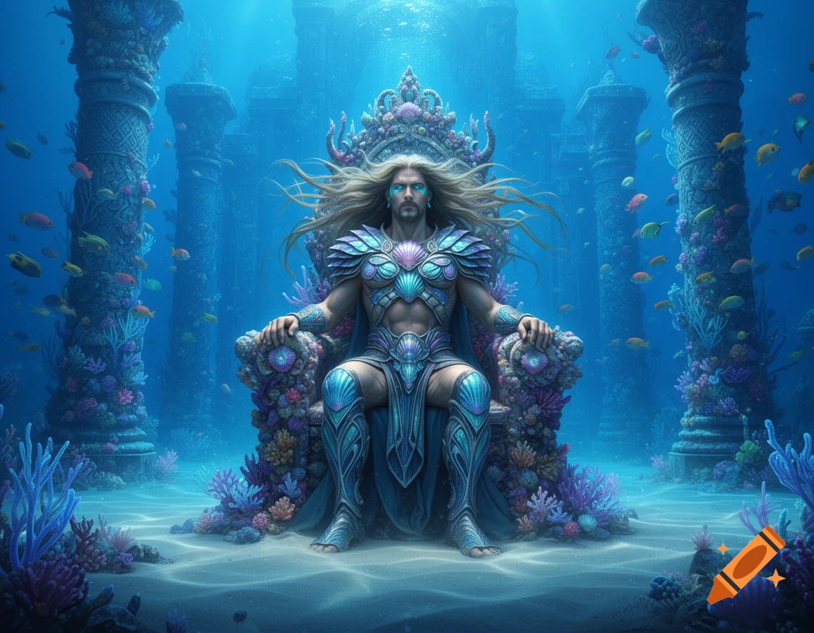 A regal, armored man with long hair and glowing blue eyes sits on an ornate coral throne in a vibrant underwater ruined city, surrounded by fish.