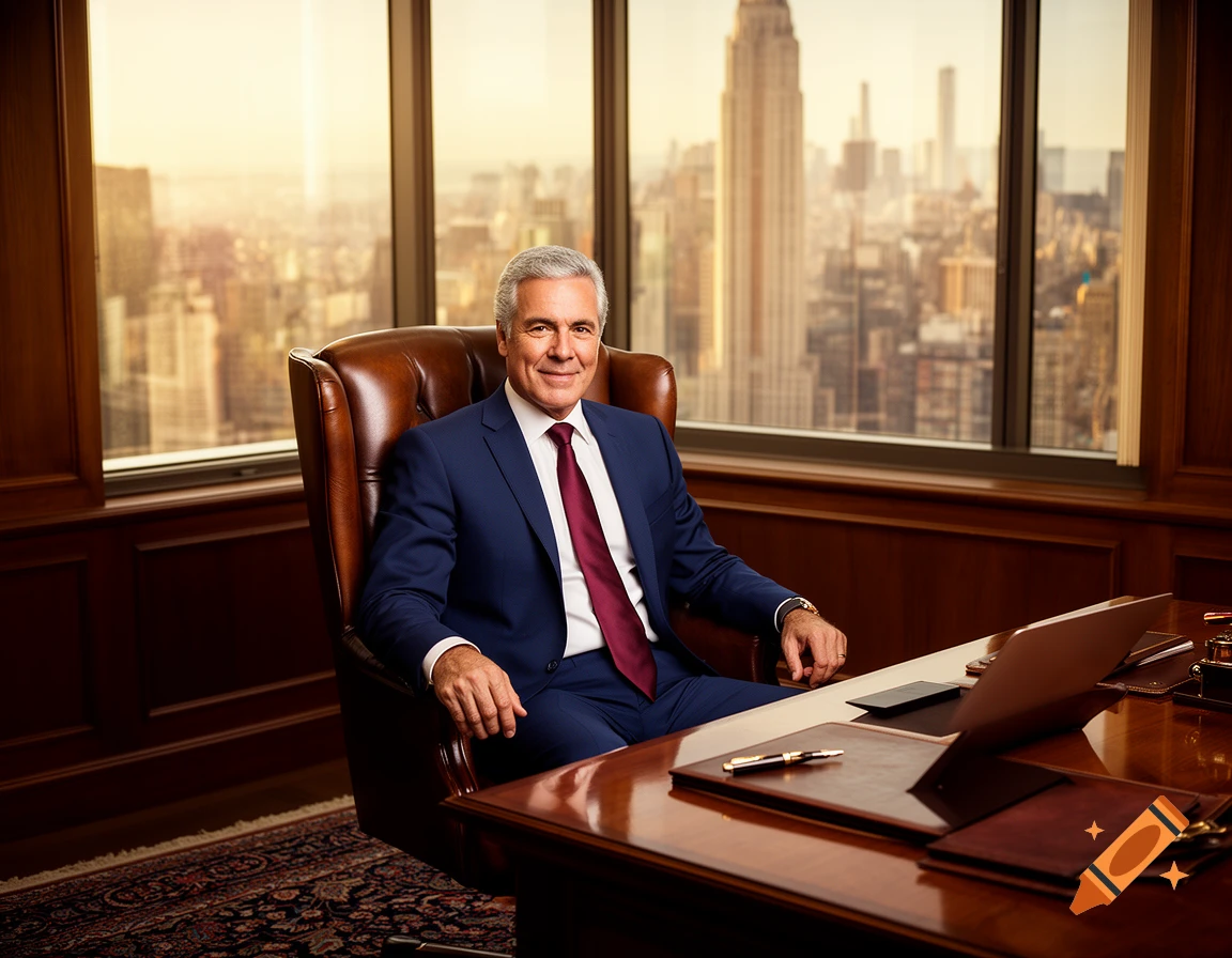 A smiling businessman in a navy suit sits at a polished desk in a luxurious office with a city skyline view.