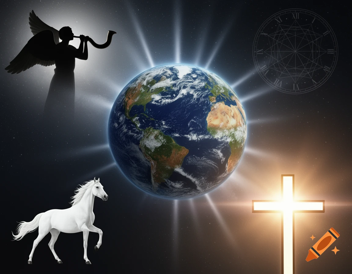 A photorealistic collage features Earth radiating light in space, with a silhouetted angel blowing a shofar, a white horse, a glowing cross, and a faint clock.