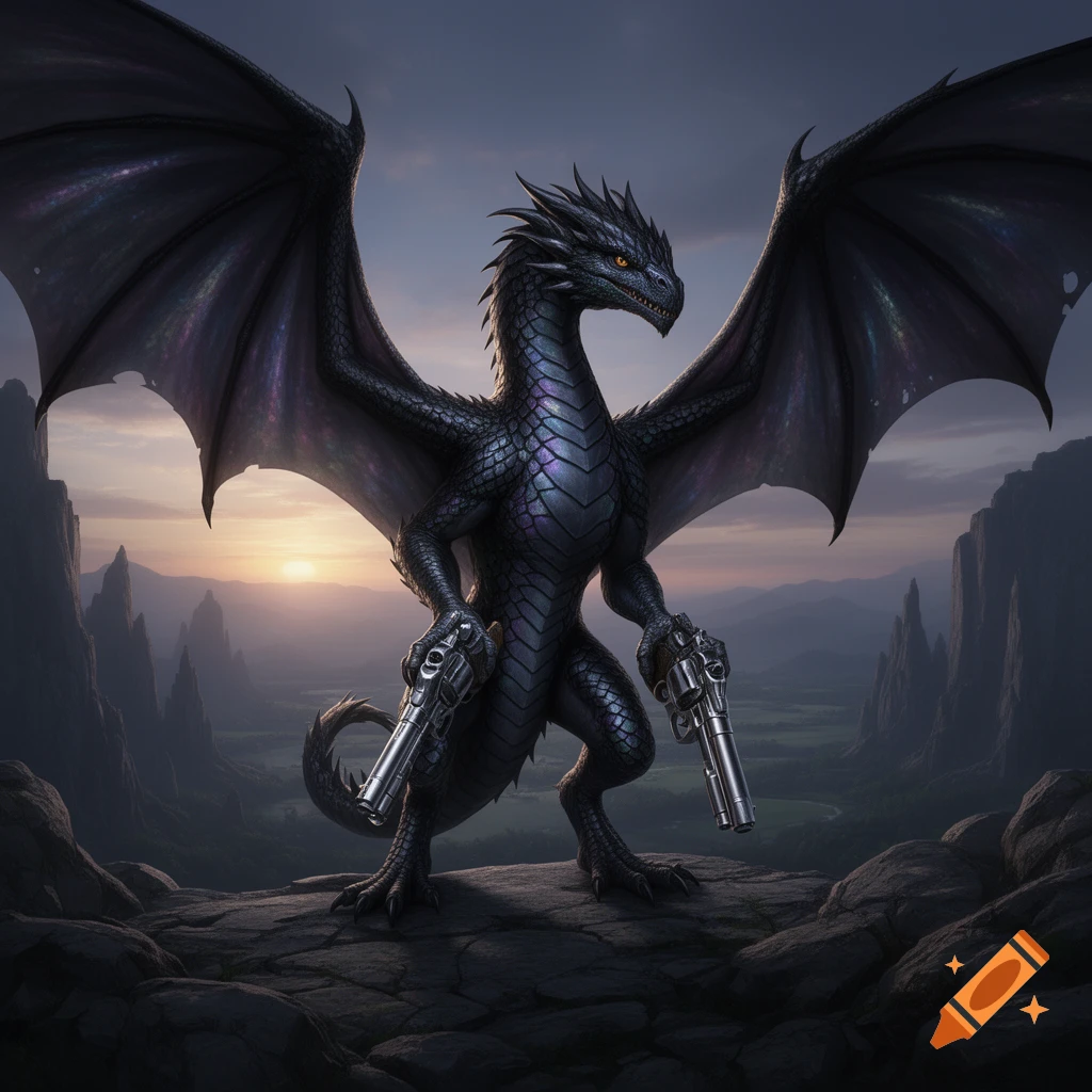 A dark scaly dragon with large wings stands on a rocky peak, holding two silver revolvers, against a sunset mountain landscape.