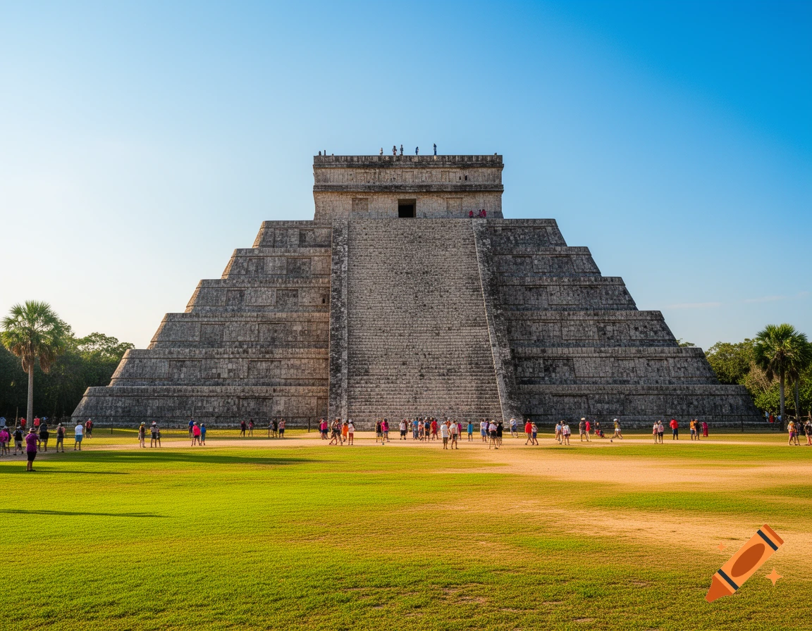 Photorealistic image of the ancient Mayan pyramid of Chichen Itza with many tourists on green grass under a clear blue sky.