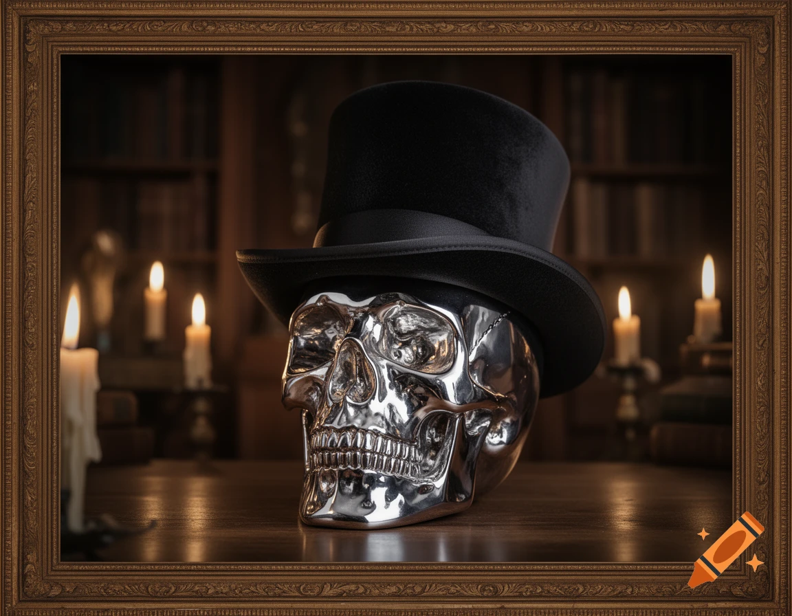 Photorealistic image of a shiny chrome skull wearing a black top hat, on a wooden table in a dimly lit room with blurred bookshelves and lit candles.