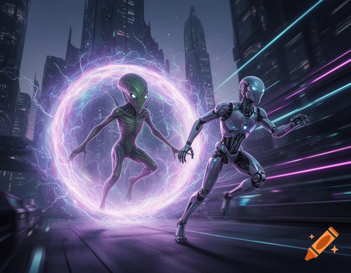 A green alien emerges from a glowing purple portal, chasing a silver robot in a futuristic city. Digital art.