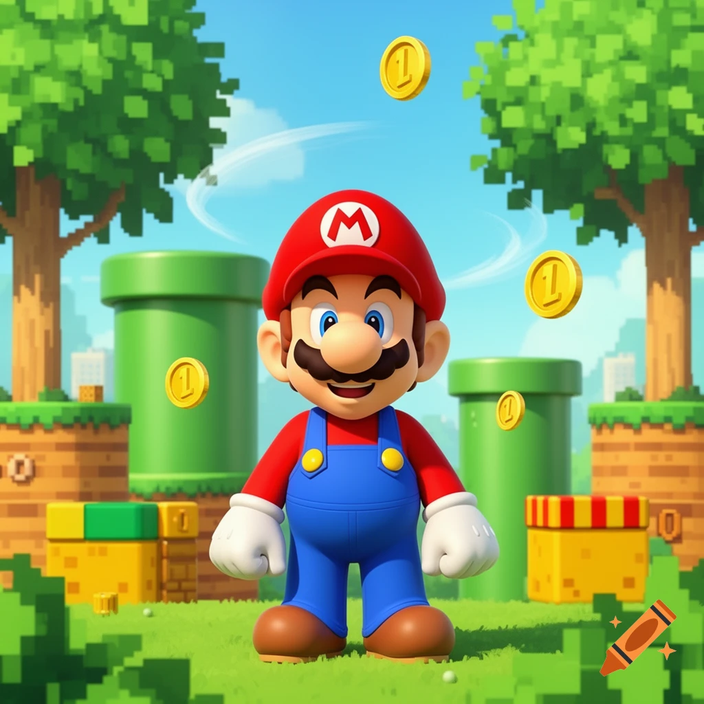 Mario stands in a pixelated green landscape with pipes, trees, and floating gold coins.