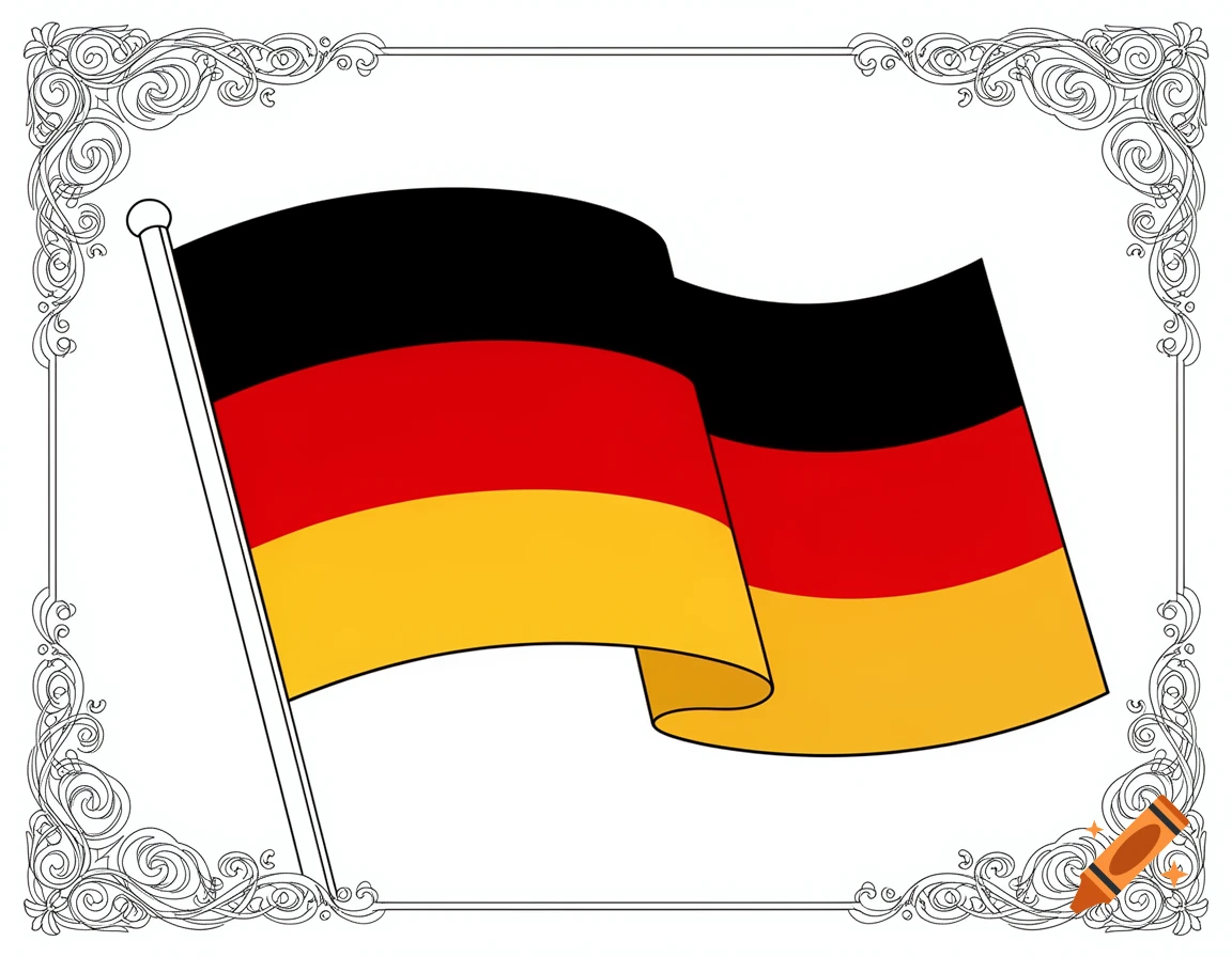 A waving German flag on a flagpole, within a decorative outline border.