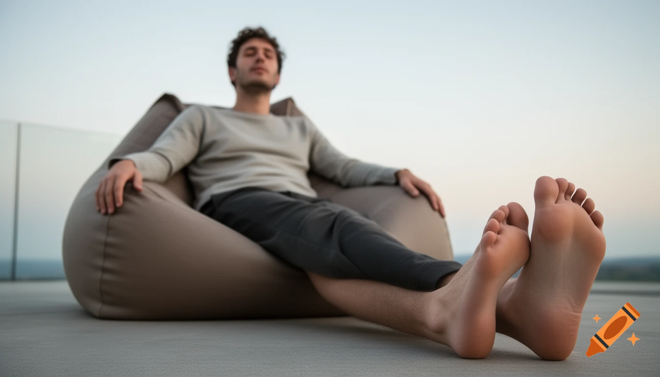 A man relaxing barefoot in a beige beanbag chair outdoors, with his feet in the foreground and his eyes closed.