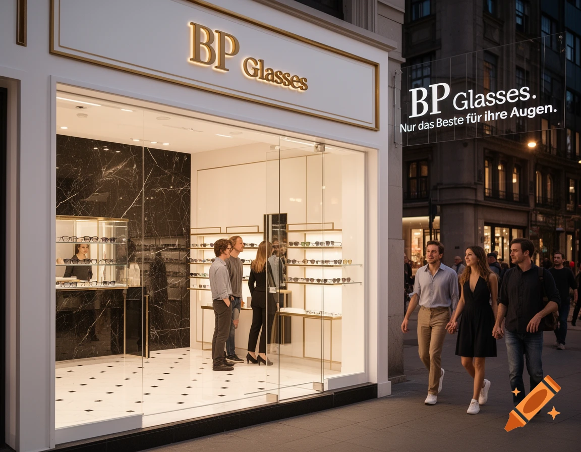 A brightly lit BP Glasses storefront at night, with people walking on the sidewalk outside and browsing glasses inside.