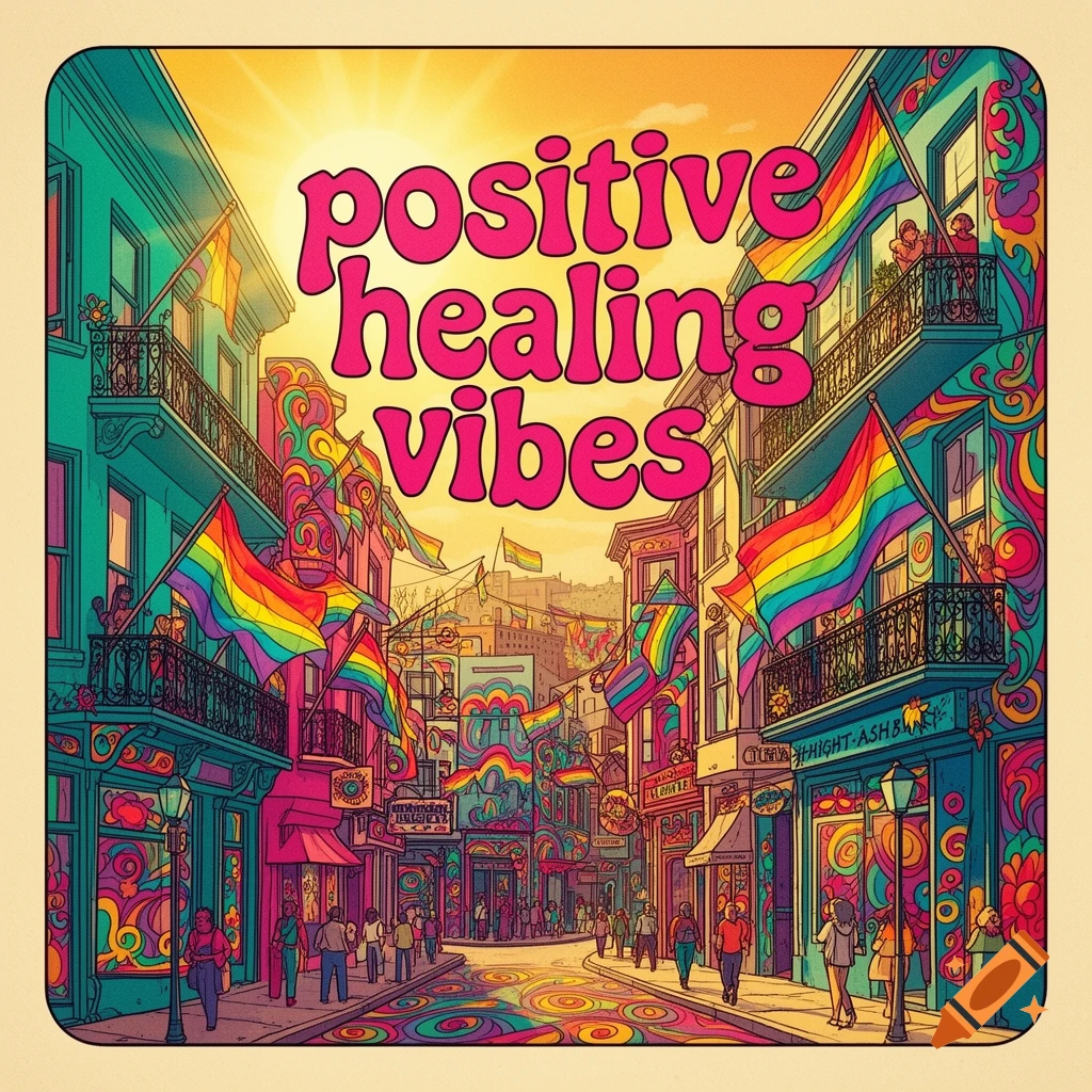 A vibrant, groovy illustration of a Haight-Ashbury street with pride flags, people, and buildings, featuring the text 'positive healing vibes'.
