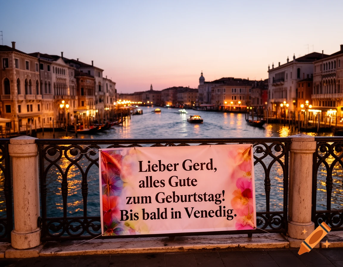 A banner with German text hangs from a bridge railing overlooking the Grand Canal in Venice at sunset, with illuminated buildings.
