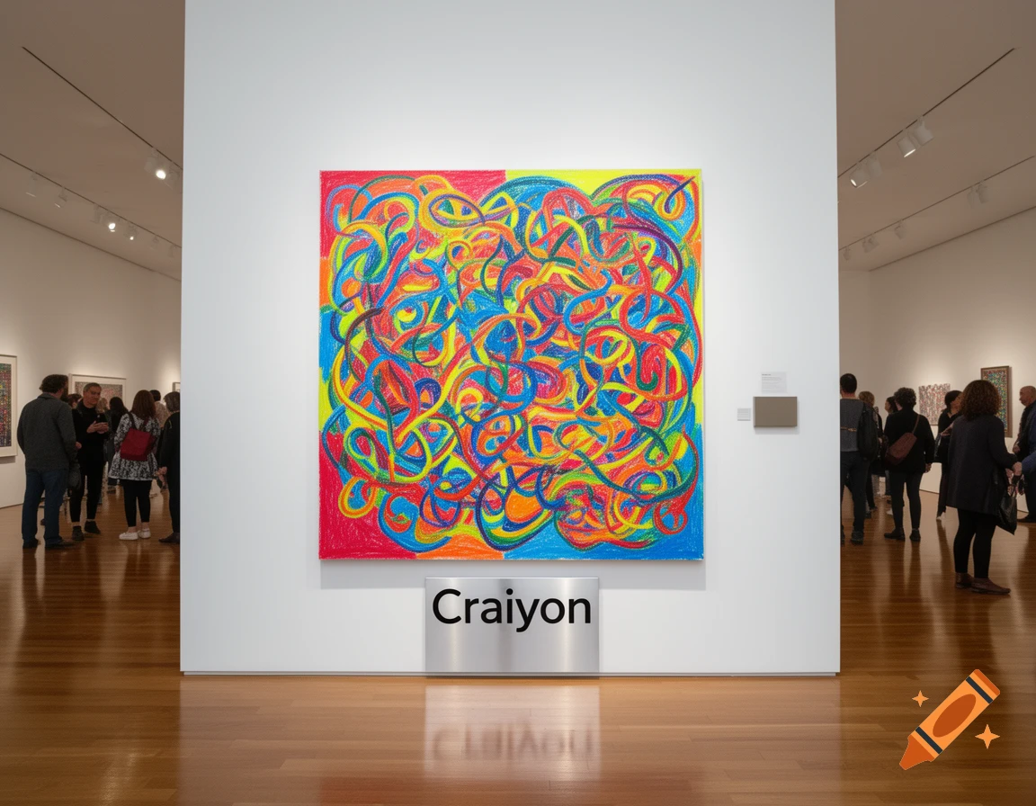 A vibrant abstract painting with red, yellow, blue, and green swirls hangs in an art gallery, labeled 'Craiyon' below.