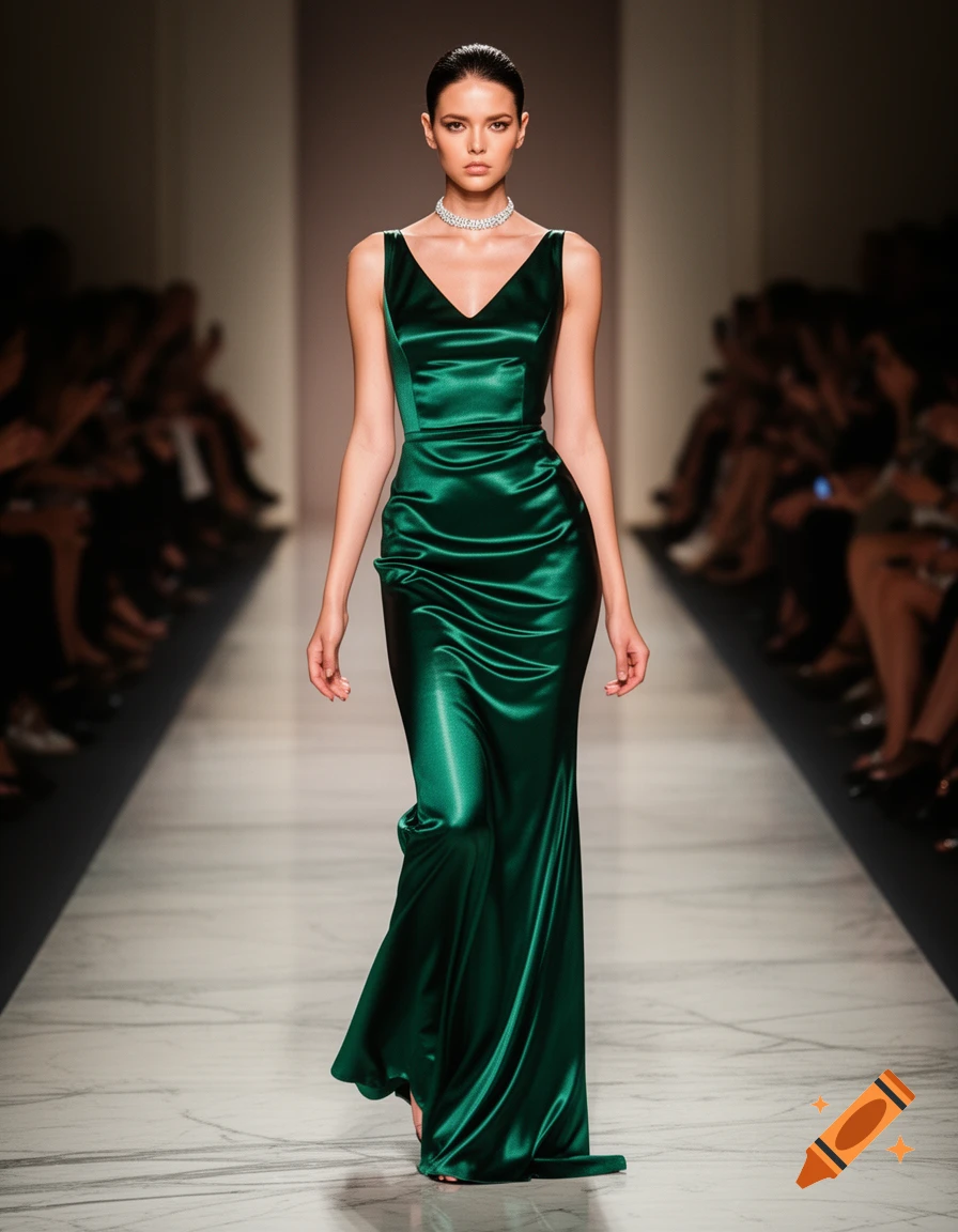 A beautiful female model in a shimmering emerald green satin gown with a diamond choker on a runway.